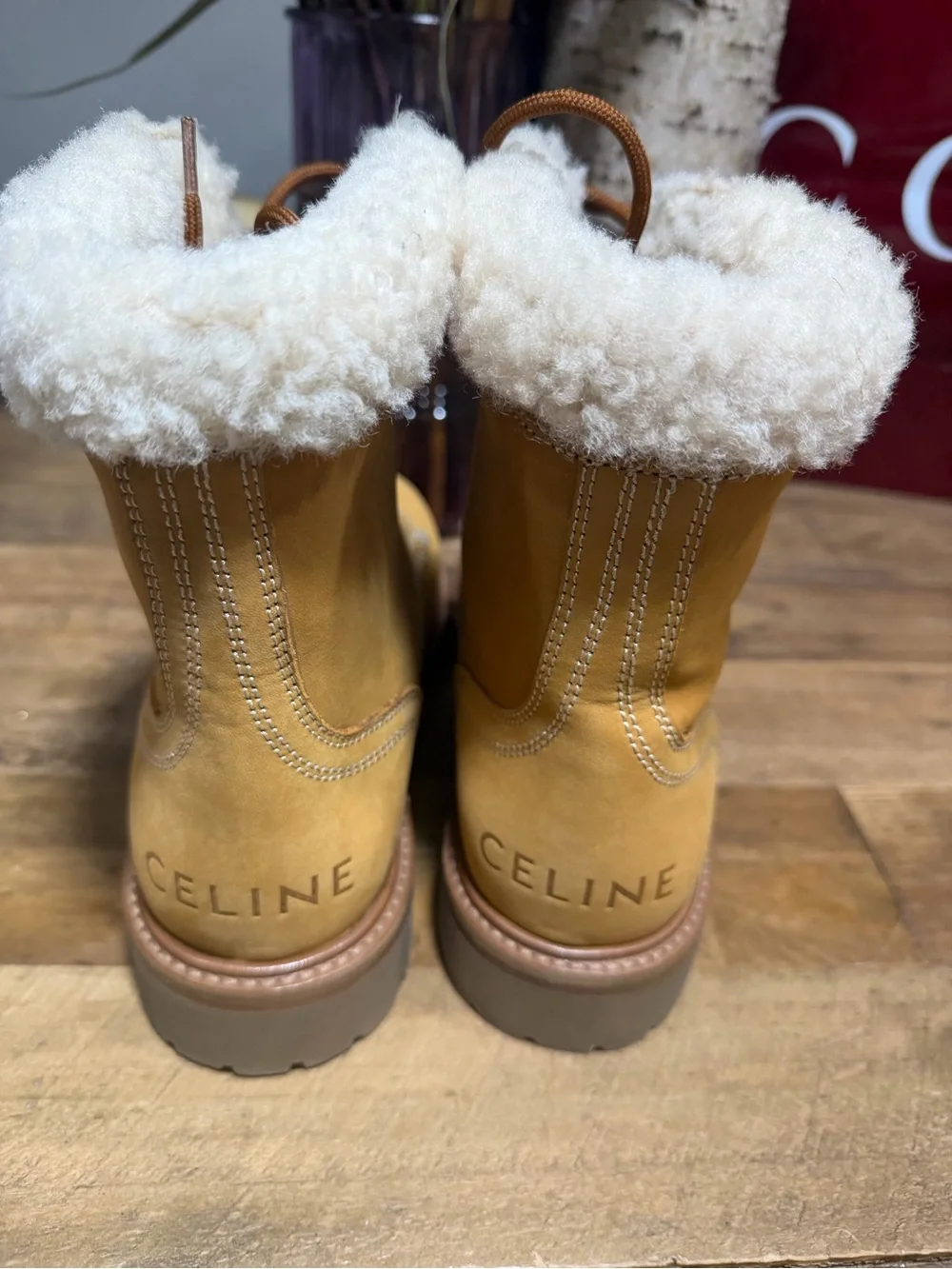Celine Tan Shearling-Trim Lace-Up Winter Boots